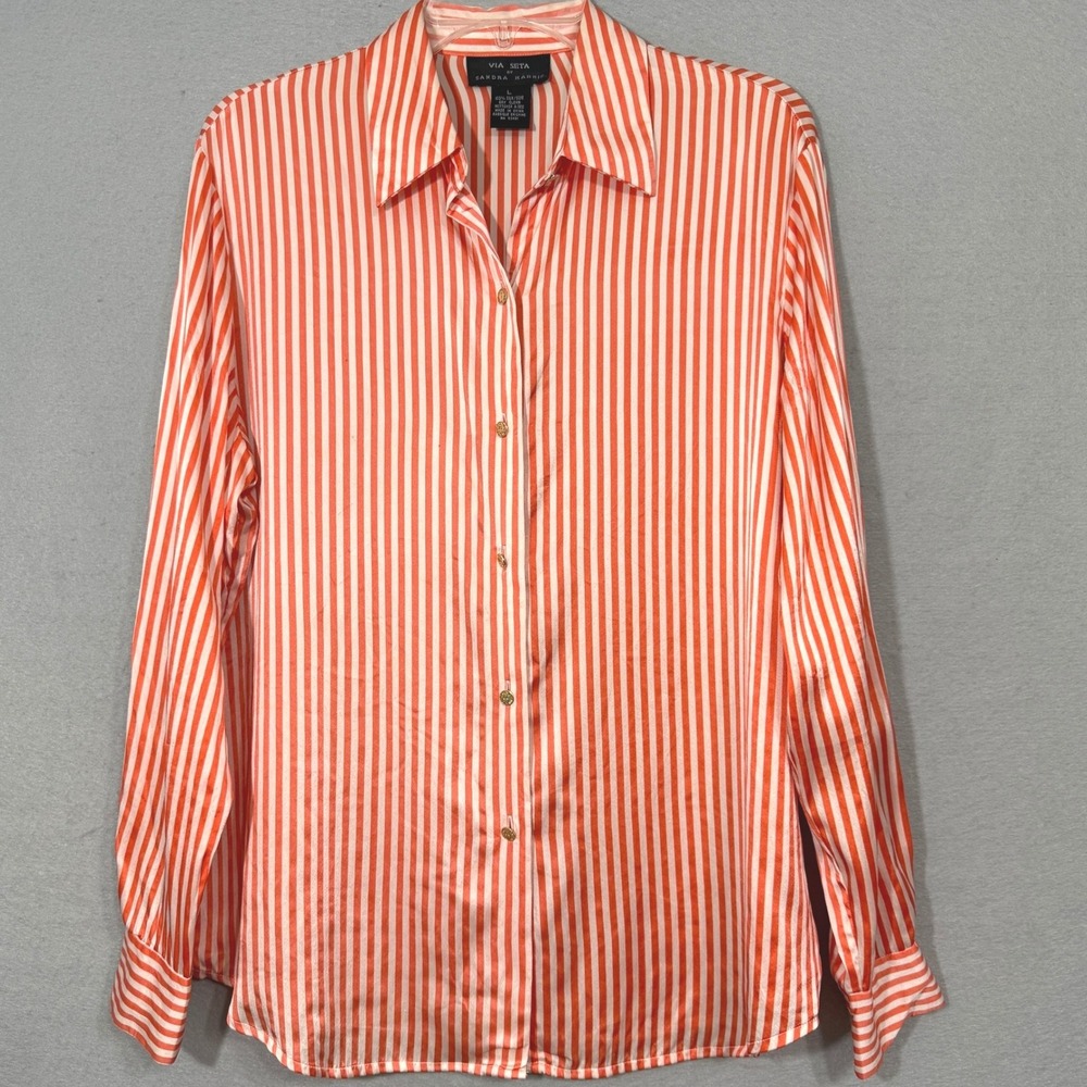 Via Seta Striped Button Down Blouse Womens Size‎ L Silk Luxury Coastal Tailored